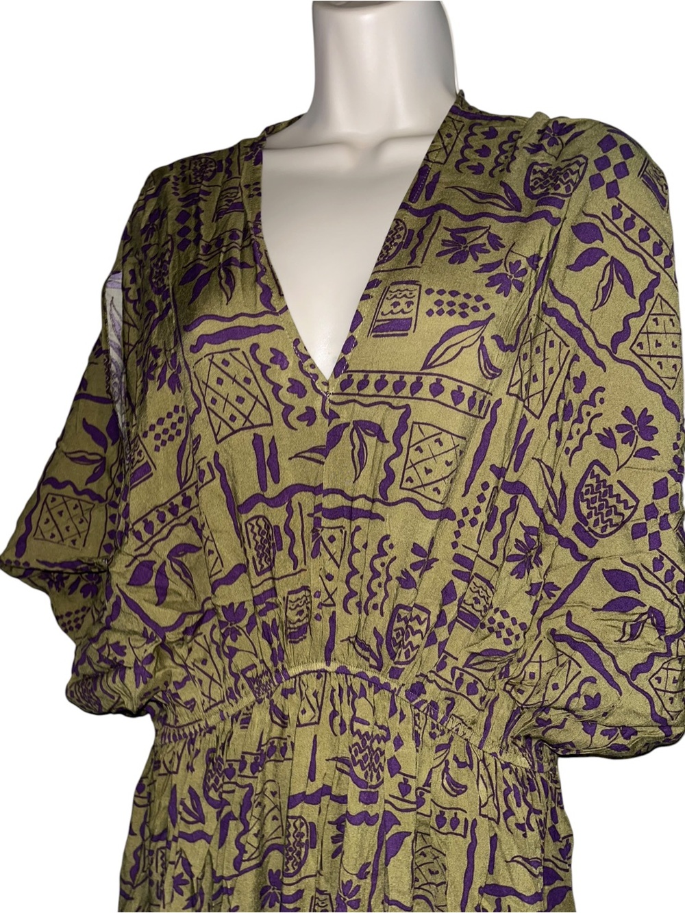 Easel Olive Green & Purple Printed Boho Maxi Dress NWT - Picture 3 of 6